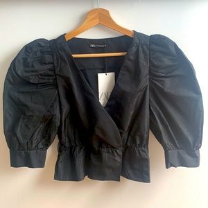 Zara XS wrap style black top with puff sleeves